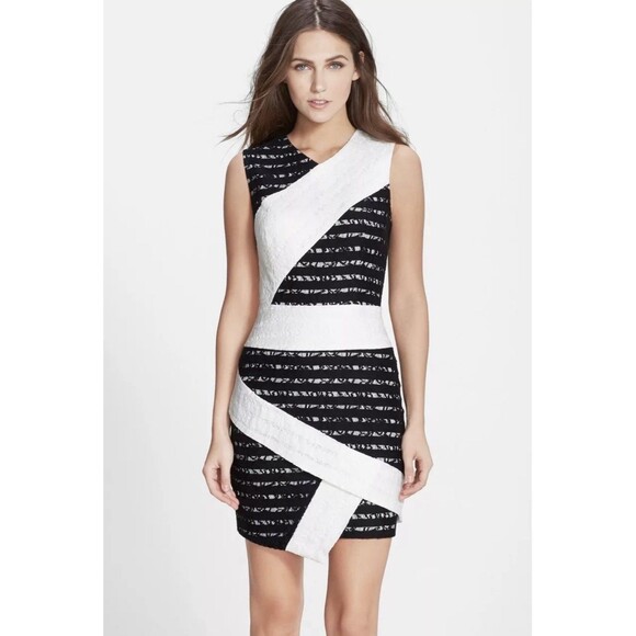 BCBGMAXAZRIA Dresses & Skirts - BCBGMAXAZRIA Dress Size 8 Dalia Mini Sheath White w/ Lace Detail Black White EUC